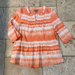 J. Jill Orange White Tie Dye Boho 3/4 Sleeve Tunic Top Womens Large Petite EUC